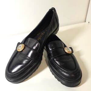 KATE SPADE POSH BLACK LEATHER LOAFERS WITH A GEM BUTTON